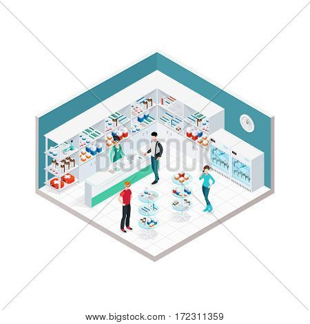 Pharmacy interior isometric composition with indoor apothecary counter shopboards and faceless characters of customers and druggist vector illustration