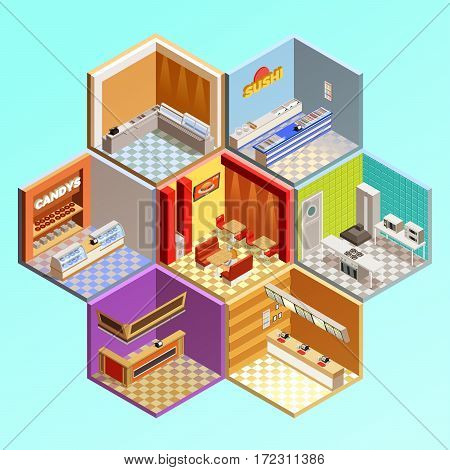 Food court composition with seven isometric cafe restaurant room interiors in tesselar pattern candys sushi bar vector illustration