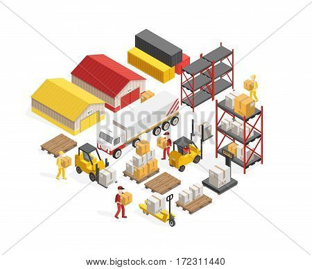 Warehouse logistics isometric concept with storage buildings and containers freight and employees forklifts and truck vector illustration