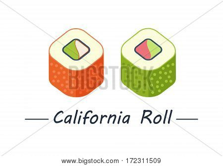 California rolls with tobiko, shrimp or tuna and avacado. Sushi rolls set icons. Vector illustration. Flat style.