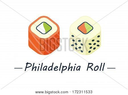 Two types of philadelphia roll: salmon, cheese, cucumber and salmon, sesame and avacado. Sushi rolls set icons. Vector illustration. Flat style.