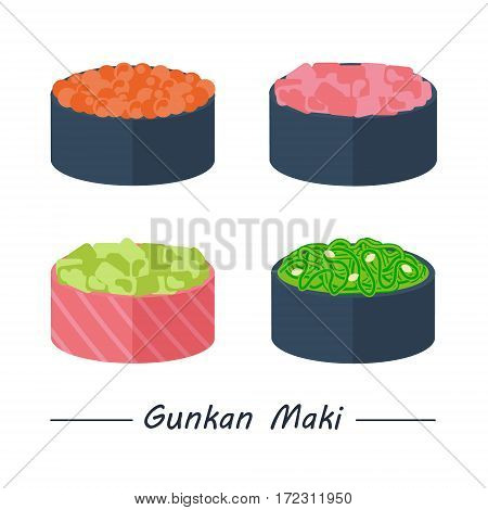 Gunkan maki with different fillings. Sushi rolls set icons. Vector illustration. Flat style.