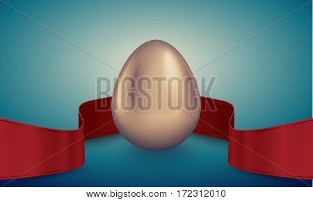 Glossy golden egg with red winding tape. Turquoise deep retro ribbon background idea. Vintage banner card poster for Easter business benefit concept.