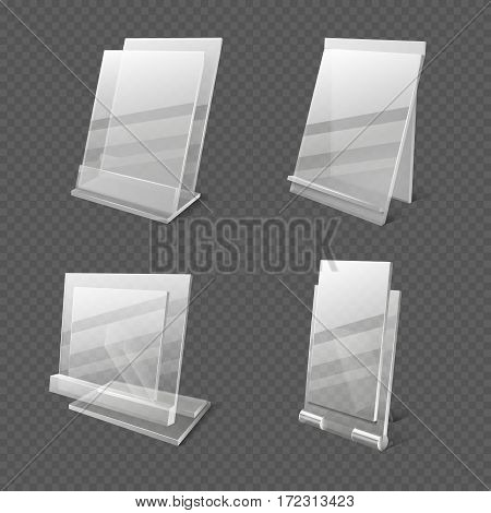 Display tables, transparent plastic sheets, information holders vector illustration. Set of plastic holder for information or menu
