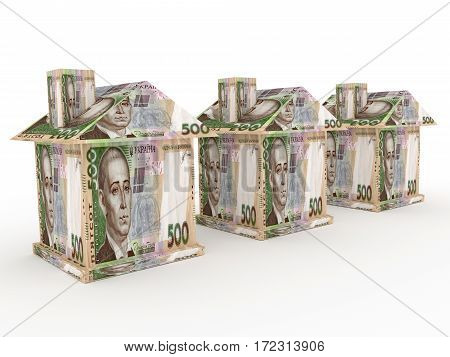 Business concepts. 3 houses from ukrainian money hryvnia. 3d render
