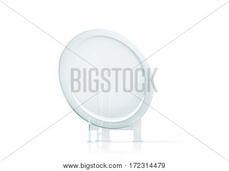 Blank round glass platter trophy mockup 3d rendering. Empty acrylic award design mock up. Transparent crystal prize plate template stand on holder. Premium first place prise plaque isolated on white