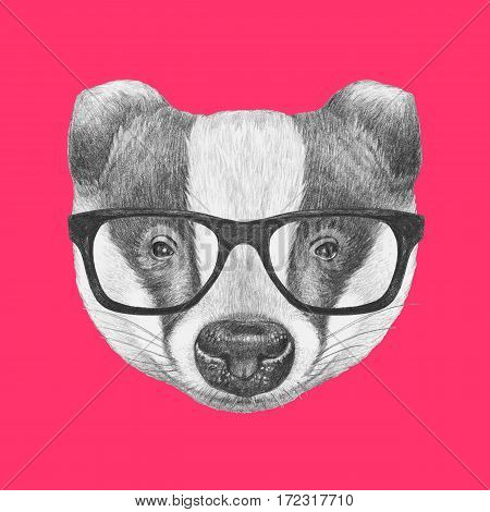 Portrait of Badger with glasses. Hand drawn illustration.