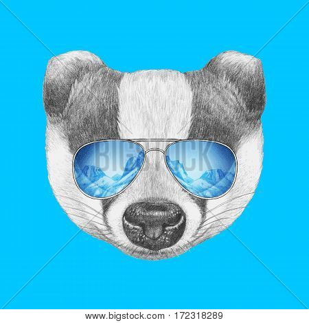 Portrait of Badger with mirror sunglasses. Hand drawn illustration.