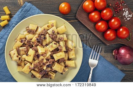 Macaroni with stewed meat.  Pasta Russian Navy Style. Top view
