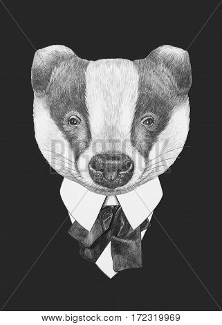 Portrait of Badger in suit. Hand drawn illustration.