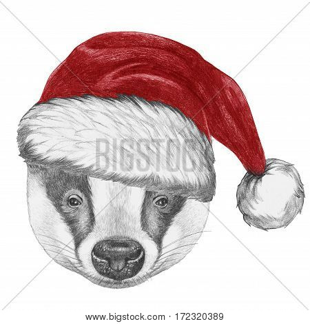Portrait of Badger with Santa Hat. Hand-drawn illustration.