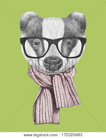 Portrait of Badger with glasses and scarf. Hand-drawn illustration.