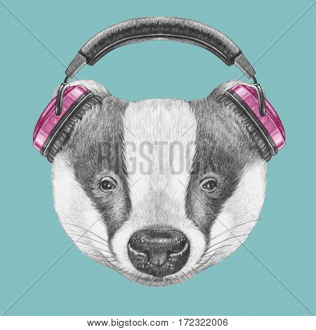 Portrait of Sloth with headphones. Hand-drawn illustration.