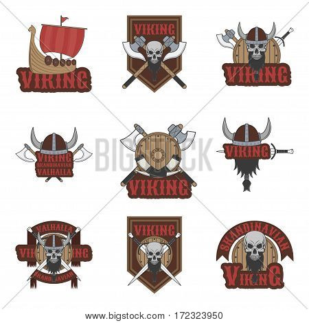 Football, baseball, lacrosse and hockey logos and labels. Sport club emblems with viking.