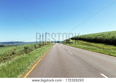 Rural asphalt road curving through green vegetation rural landscape at Shongweni near Durban South Africa