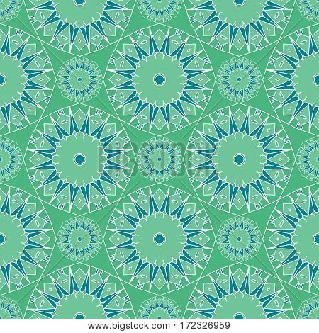 Abstract seamless background. Blue and green repeating kaleidoscope mosaic pattern. Vector