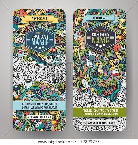 Cartoon cute colorful vector hand drawn doodles Medical corporate identity. 2 verical banners design. Templates set