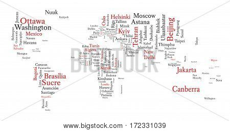 Word cloud in a shape of world map contains all capitals. Conceptual map in black and red font isolated on white. Vector illustration.