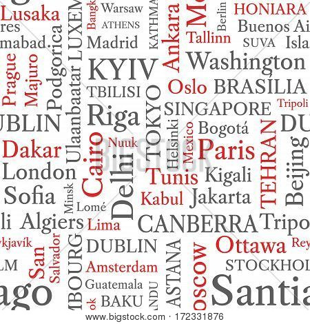 Word cloud seamless pattern. World capitals in word tags. Conceptual seamless background in black and red font. Vector illustration.