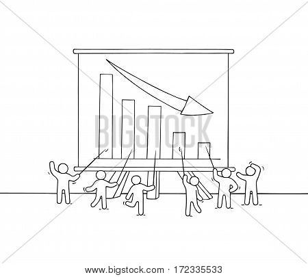 Cartoon working little people with big board. Doodle cute miniature scene about failure. Hand drawn vector illustration for business design and infographic.