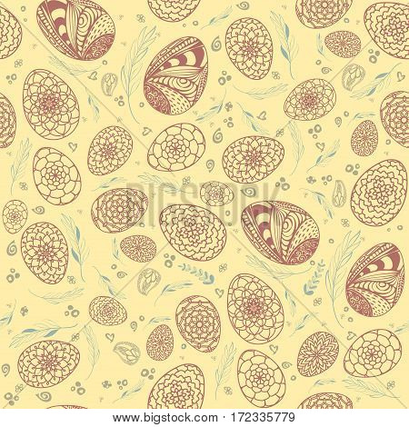 Decorative Easter Seamless Pattern With Hand Drawn Ornamental Eggs And Floral Elements In Soft Paste