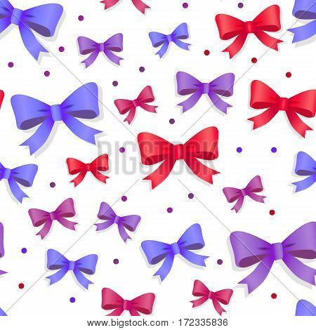 Seamless pattern with bows isolated on white. Pussy color bright bowknots endless texture. Gift knots of ribbon in flat style design. Overwhelming bow decorative elements Vector cartoon illustration