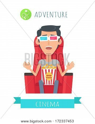 Adventure film concept. Excited man seating in comfortable chair with popcorn in cinema flat vector isolated on white. Cinemaddict on film premiere. Entertainment on 3D attraction. For movie promotion