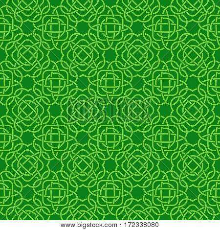 Clover Seamless Pattern In Celtic Style. St. Patrick's Day Endless Repeat Backdrop In Green Shades, 