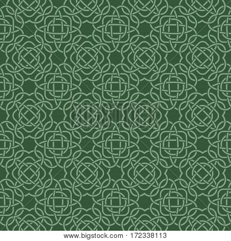 Clover Seamless Pattern In Celtic Style. St. Patrick's Day Endless Repeat Backdrop In Green Shades, 