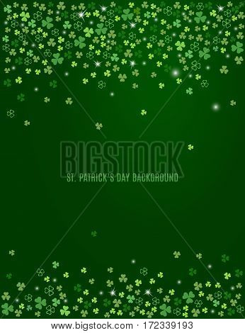 Sparkling clover shamrock leaves isolated on dark green background. Abstract St. Patrick's day border background with place for your text for your greeting cards design or poster. Vector illustration