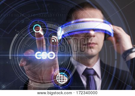 Business, Technology, Internet And Network Concept. Young Businessman Working In Virtual Reality Gla