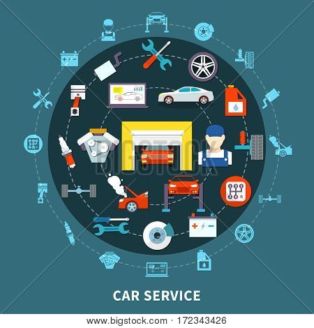 Auto service design concept with spares and  mechanic tools for diagnostics and maintenance decorative icons set flat vector illustration