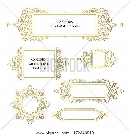 Vector set of line art frames for design template. Element in Eastern style. Golden outline floral frames. Mono line decor for invitations greeting cards certificate thank you message.