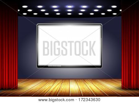 auditorium cinema system with screen, stage and red curtain