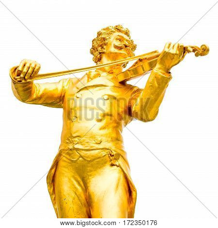 Statue close up view of gilded bronze monument of Johann Strauss in Vienna, Austria