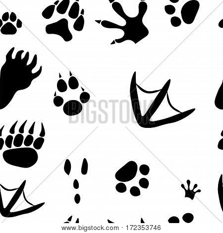 Contoured black traces of animal paws on a white background