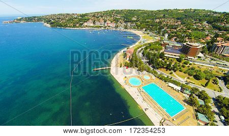 aerial view of beach and the city of portoroz, slovenia
