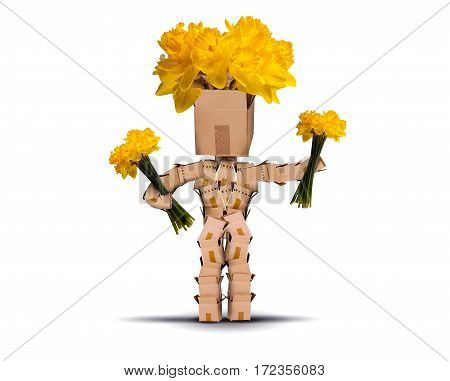Box character holding yellow flowers and has daffodils for hair. Isolated on a white background. Flower delivery or gift concept
