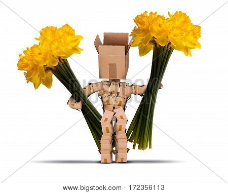 Box characters holding large bunches of daffodils. Cut yellow flowers and a cute character made from boxes on a white background