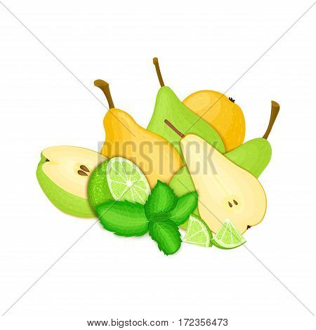 Composition of several pears citrus lime and mint leaves Yellow and green vector pear fruits whole and slice tropical lemon fruit with pepper mint leaf for design of juice breakfast healthy vegan food
