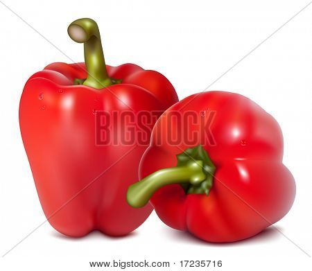 Illustrazione vettoriale fotorealistica di peperone rosso con gocce d'acqua.