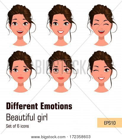 Woman with different face expressions. Young attractive girl with various emotions. Cute businesswoman. Set of six vector illustrations.