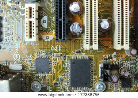 Close-up of old electronic circuit with processor