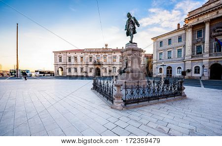 Tartini Square in Piran Slovenia features a monument dedicated to Giuseppe Tartini created by Antonio Dal Zòtto (1852-1918) in the year op 1896. Tartini square with town hall and City Library in Piran. The main market of Piran - old medieval town and majo