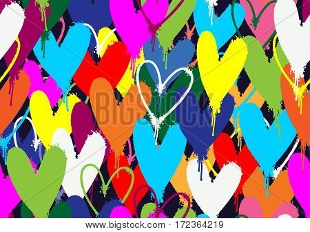 Spray pained colorful hearts seamless pattern background