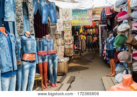 Moscow, Russia - May 28. 2016. Street trade clothing market in a Zelenograd