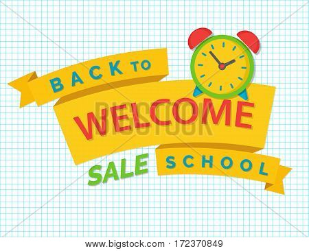Wellcome back to school concept with ribbon on checkered background. Back to school shopping. Super sale. Vector illustration.