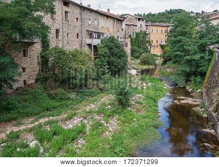 River along the old town Largentiere in the Ardeche region of France