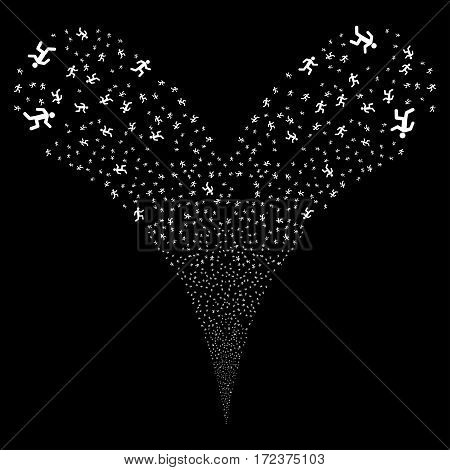 Running Man fireworks stream. Vector illustration style is flat white iconic symbols on a black background. Object double fountain combined from random pictographs.