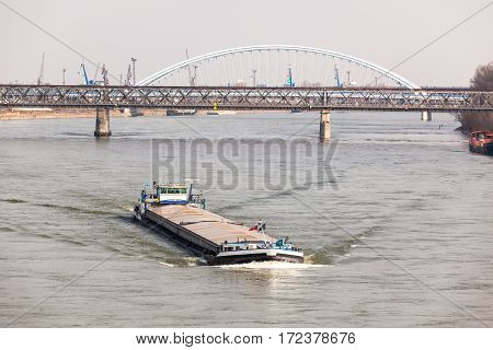 Big Barge Navigates Danub River in Bratislava